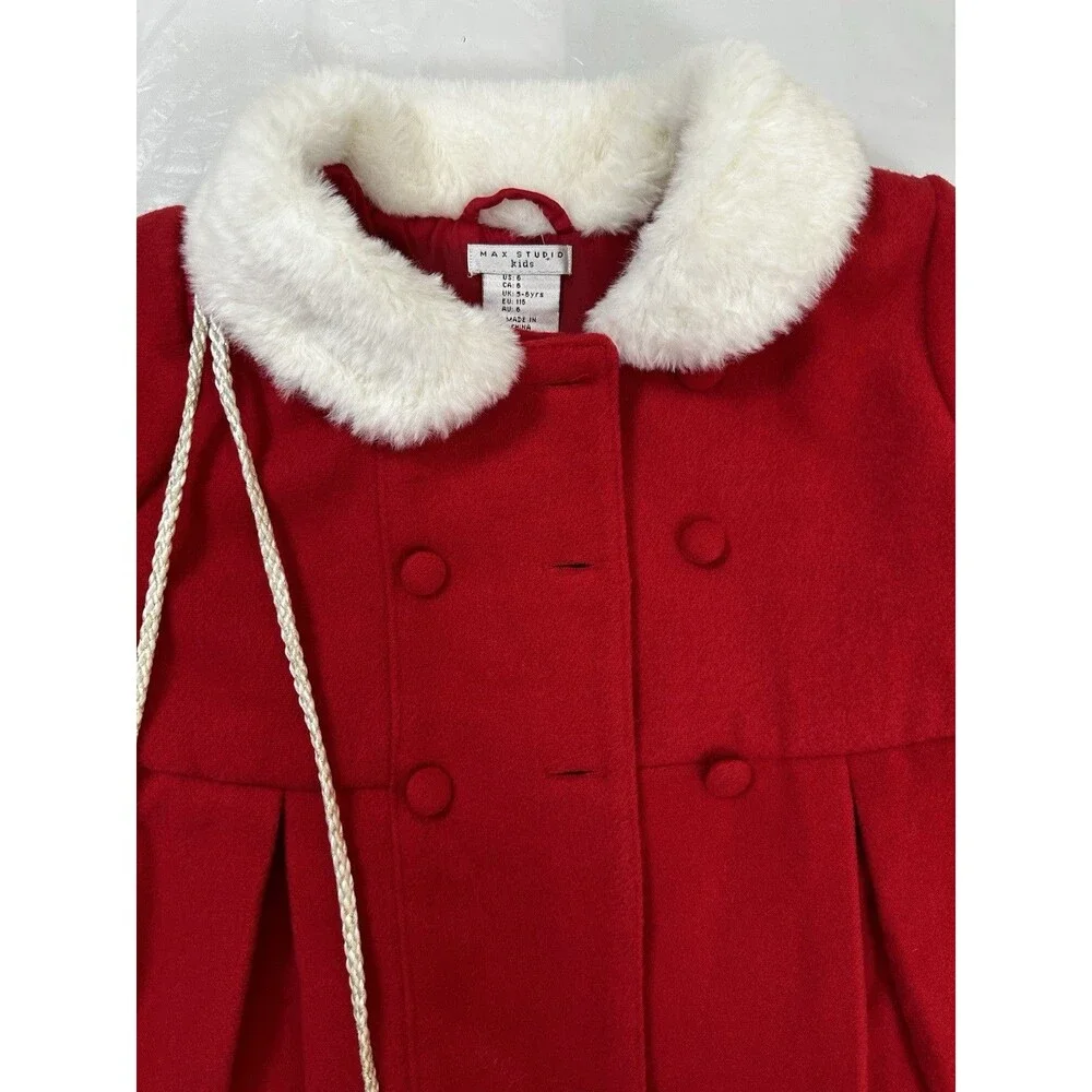 Max Studio Girls  Size 6 Red Swing Pea Coat With Faux Fur Purse.